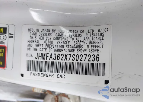 2007 Honda Civic Hybrid from USA, damaged, VIN JHMFA362X7S027236